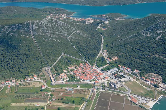 Aerial view of Ston and its walls from the south-west, on the Pelješac peninsula