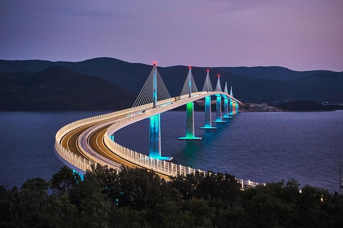 The Pelješac Bridge crossing the sea channel between Komarna and the Pelješac peninsula
